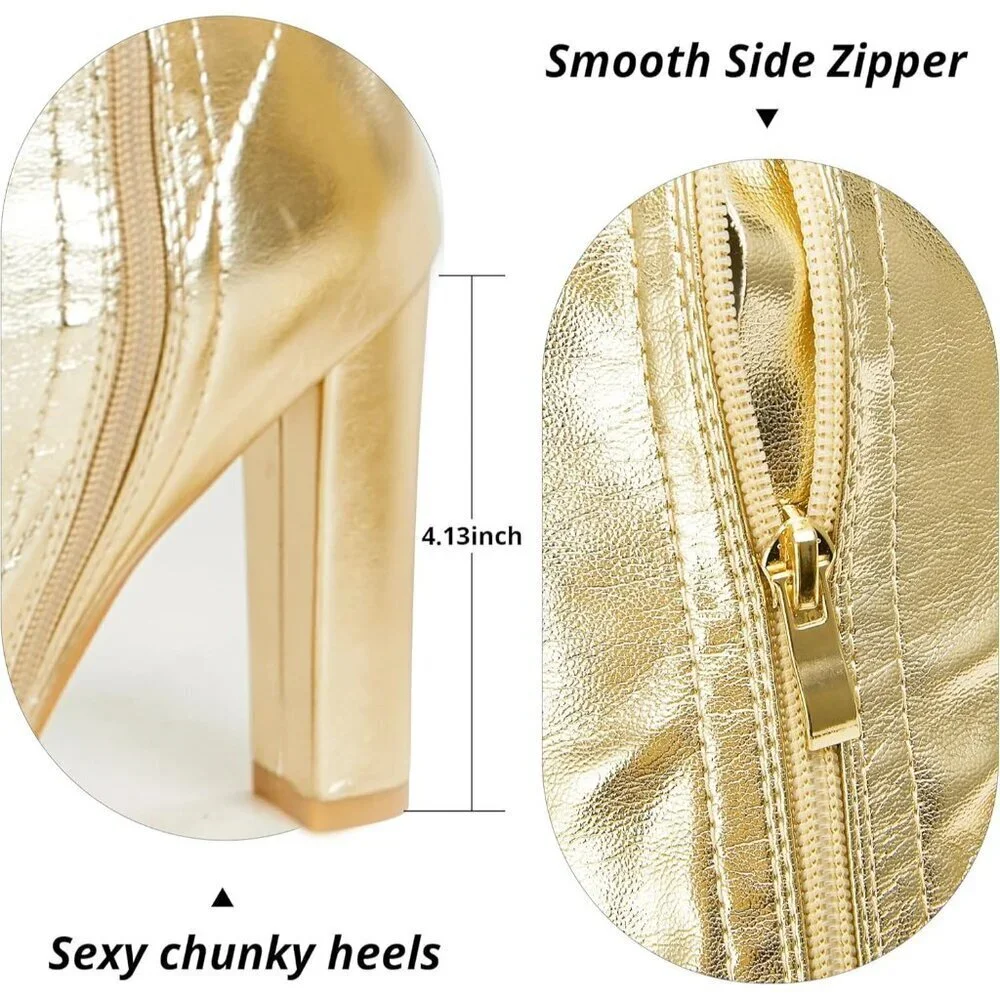 Women Gold Chunky Heel Over The Knee Patent Leather PU Stretchy Tall Boot